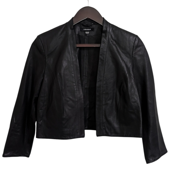 LAMARQUE Black 100% Genuine Leather Cropped Open Front Bolero Jacket - Size 6 - Picture 3 of 9